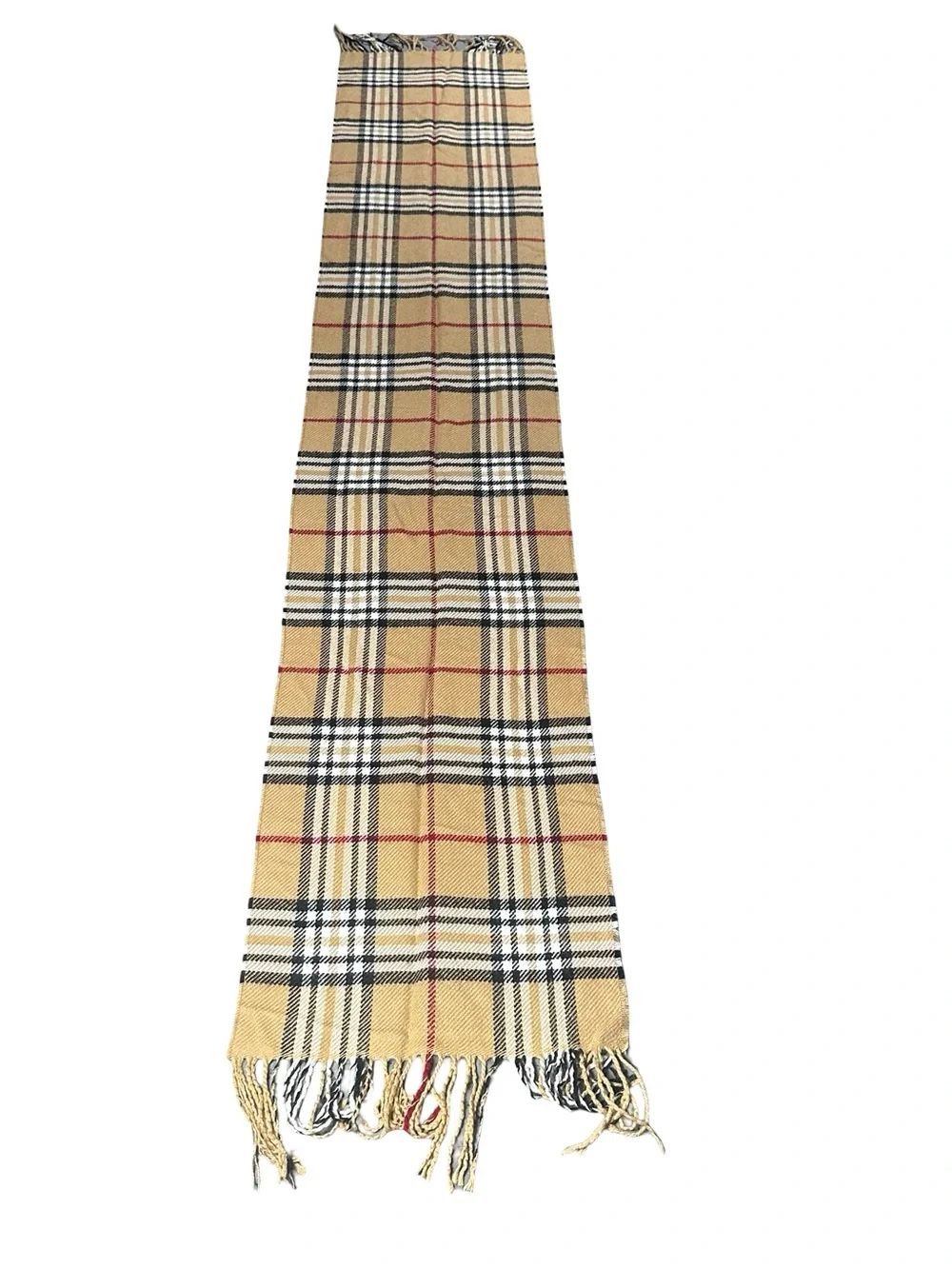 V.FRAAS Beige Plaid Fringe Scarf 65” x 12” Classic Tartan Wrap